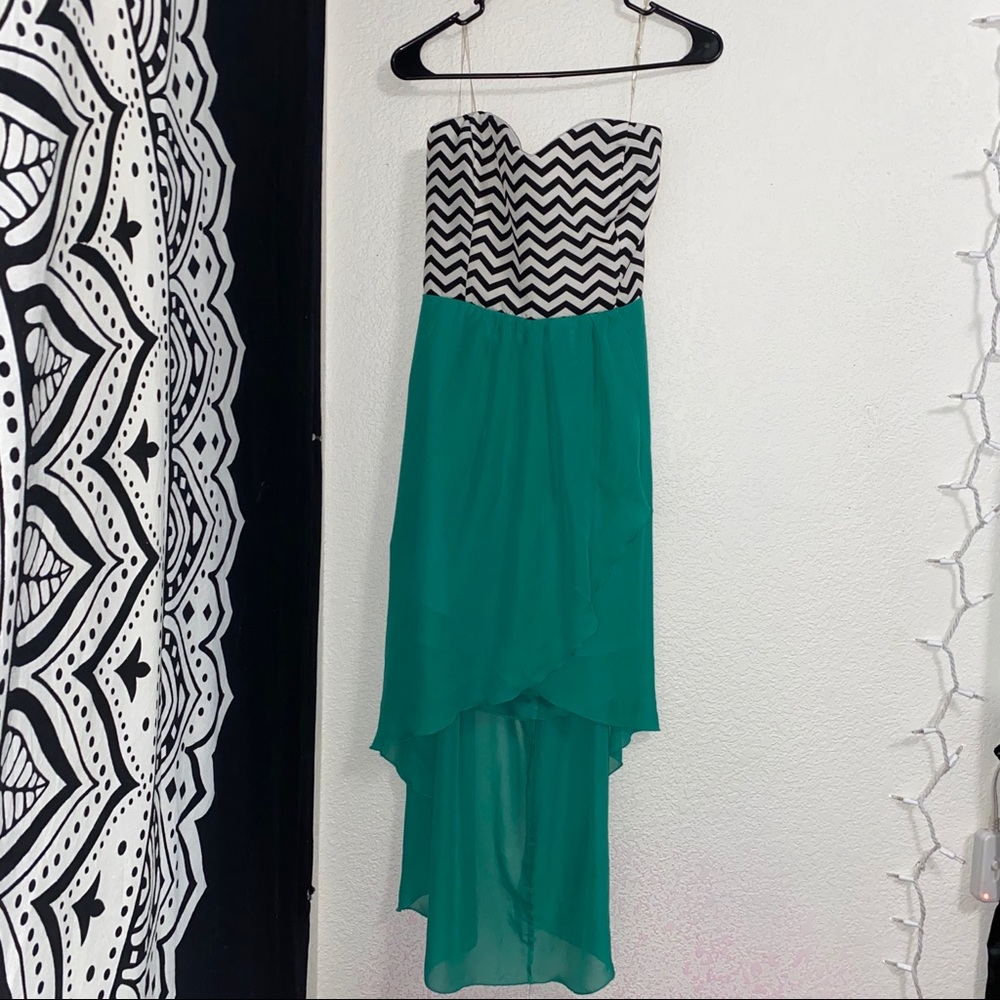 Strapless Black, White and Teal Dress